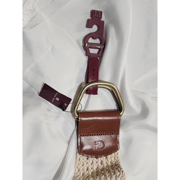 Etienne Aigner Womens 2.5" Wide Belt Crochet Leather Brass Buckle Adjustable Med - Picture 2 of 7